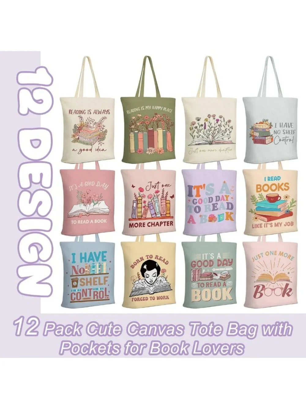12 Pcs Canvas Tote Bag for Book Lovers - Stylish Reading Bag with Pocket